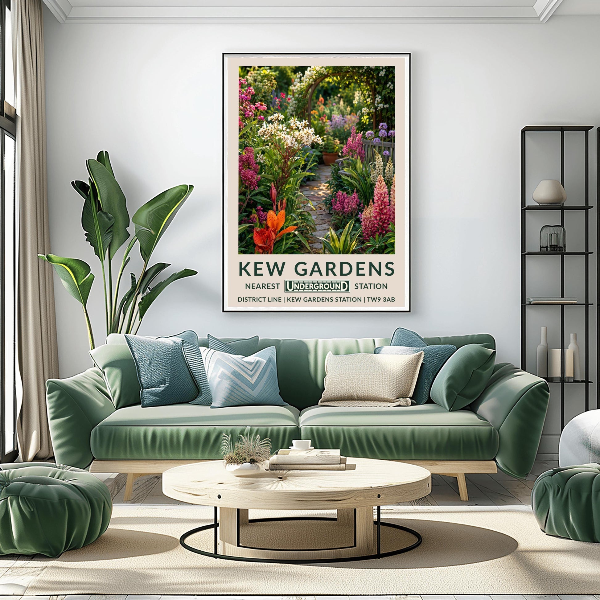 A vertical retro London Underground travel poster for Kew Gardens on a wide cream border. The top image shows a close-up, beautifully detailed illustration of a winding cobblestone garden pathway surrounded by dense flower borders. The foreground features tall pink lupins, a bright orange lily, and clusters of small white flowers. On the right sits a grey wooden bench under purple alliums. The path leads to a wooden archway covered in climbing white roses in the background.