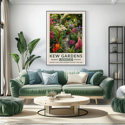 A vertical retro London Underground travel poster for Kew Gardens on a wide cream border. The top image shows a close-up, beautifully detailed illustration of a winding cobblestone garden pathway surrounded by dense flower borders. The foreground features tall pink lupins, a bright orange lily, and clusters of small white flowers. On the right sits a grey wooden bench under purple alliums. The path leads to a wooden archway covered in climbing white roses in the background.