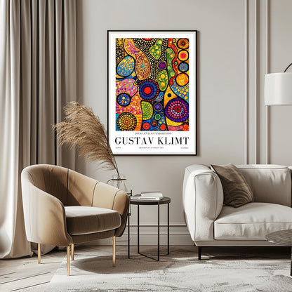 A vertical museum exhibition poster in the style of Gustav Klimt. Tall, dark tree trunks stand in a forest where the sky is made of colorful stained-glass mosaic circles. A bright sun in the center casts sharp, white sunbeams through the trees. Bold black text at the bottom reads "GUSTAV KLIMT" and "HISTORY OF AUSTRIAN ART."