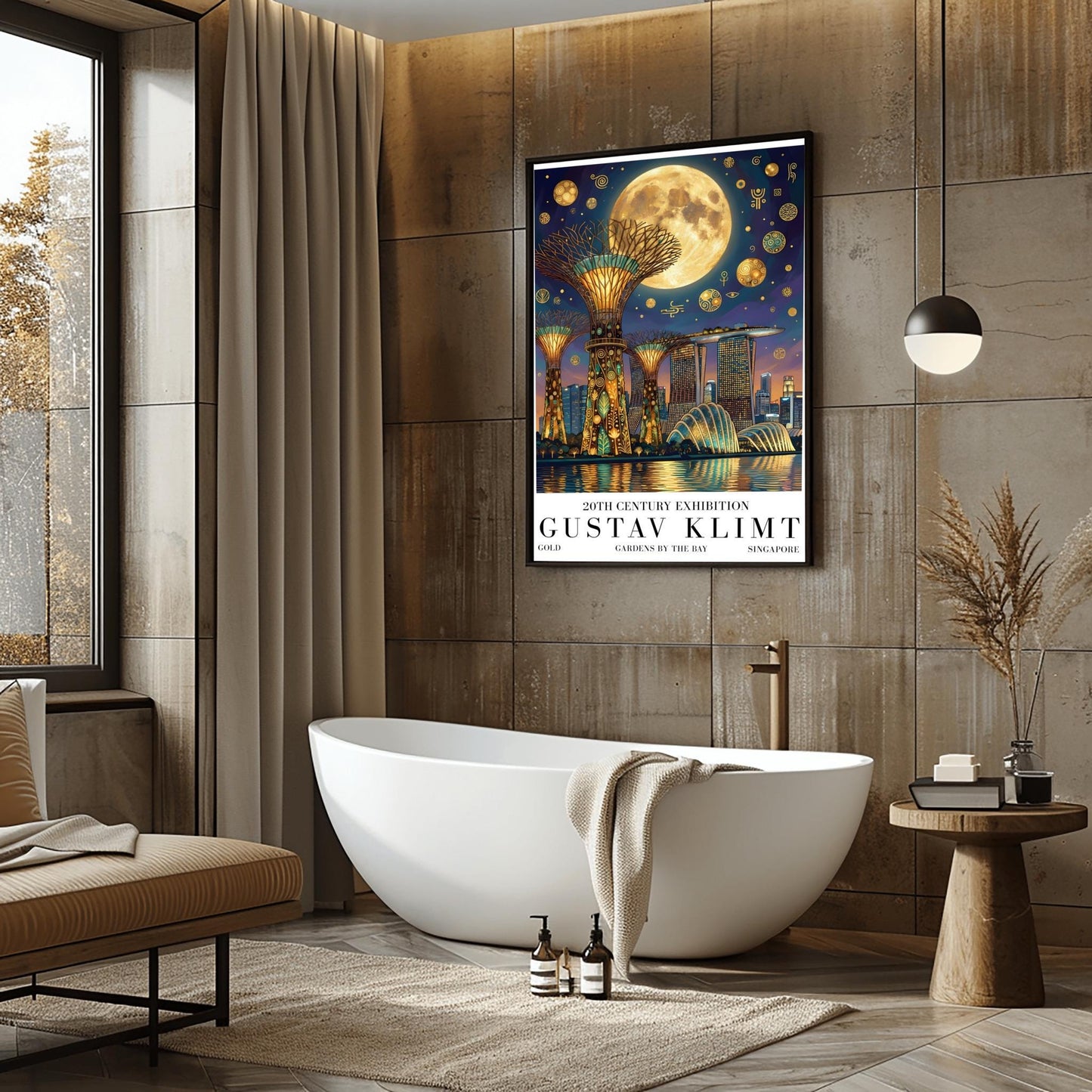 A vertical museum exhibition poster in the style of Gustav Klimt. The Supertree Grove of Singapore's Gardens by the Bay is rendered at night with intricate gold mosaic trunks. A massive moon hangs in a purple and indigo sky filled with golden symbols. Bold black text at the bottom reads "GUSTAV KLIMT" and "GARDENS BY THE BAY."