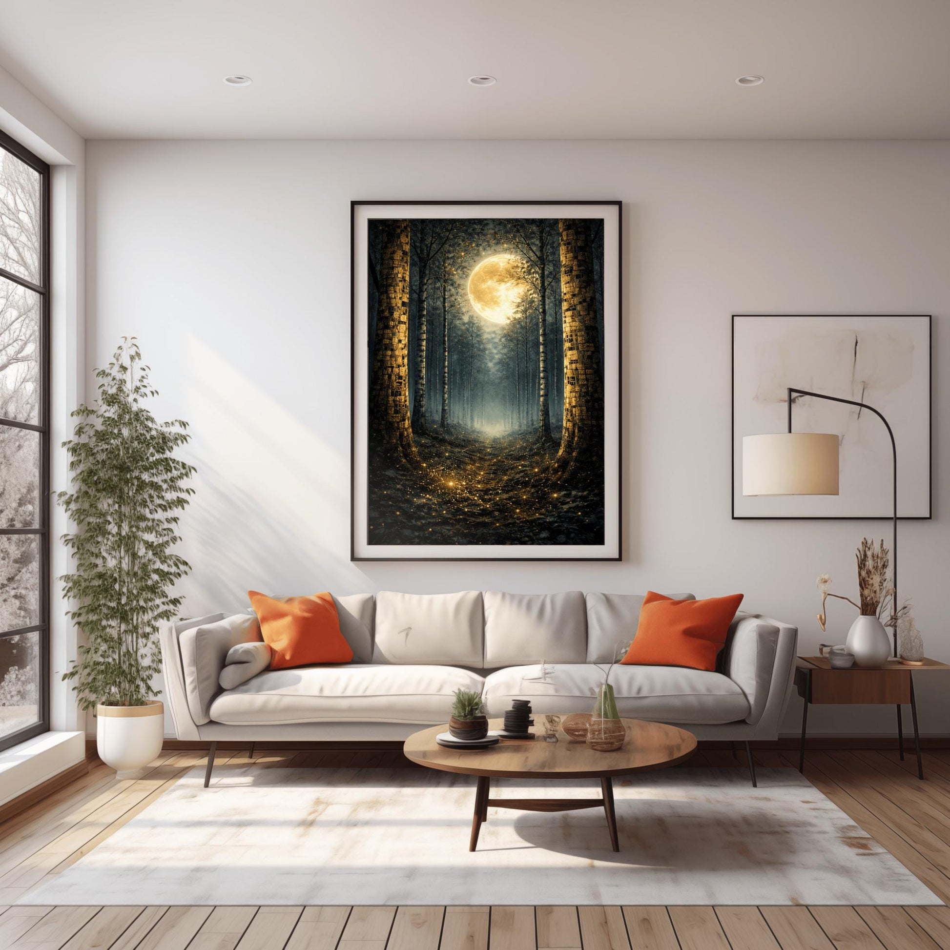 A vertical art print in the style of Gustav Klimt showing a dark forest at night. Tall, dark, silhouetted tree trunks frame a central path that leads toward a bright light in the distance. A massive, glowing golden moon with intricate textures dominates the upper center of the image. The base of the trees and the forest floor are sprinkled with shimmering gold mosaic patterns and light specks, contrasting sharply against the dark background.