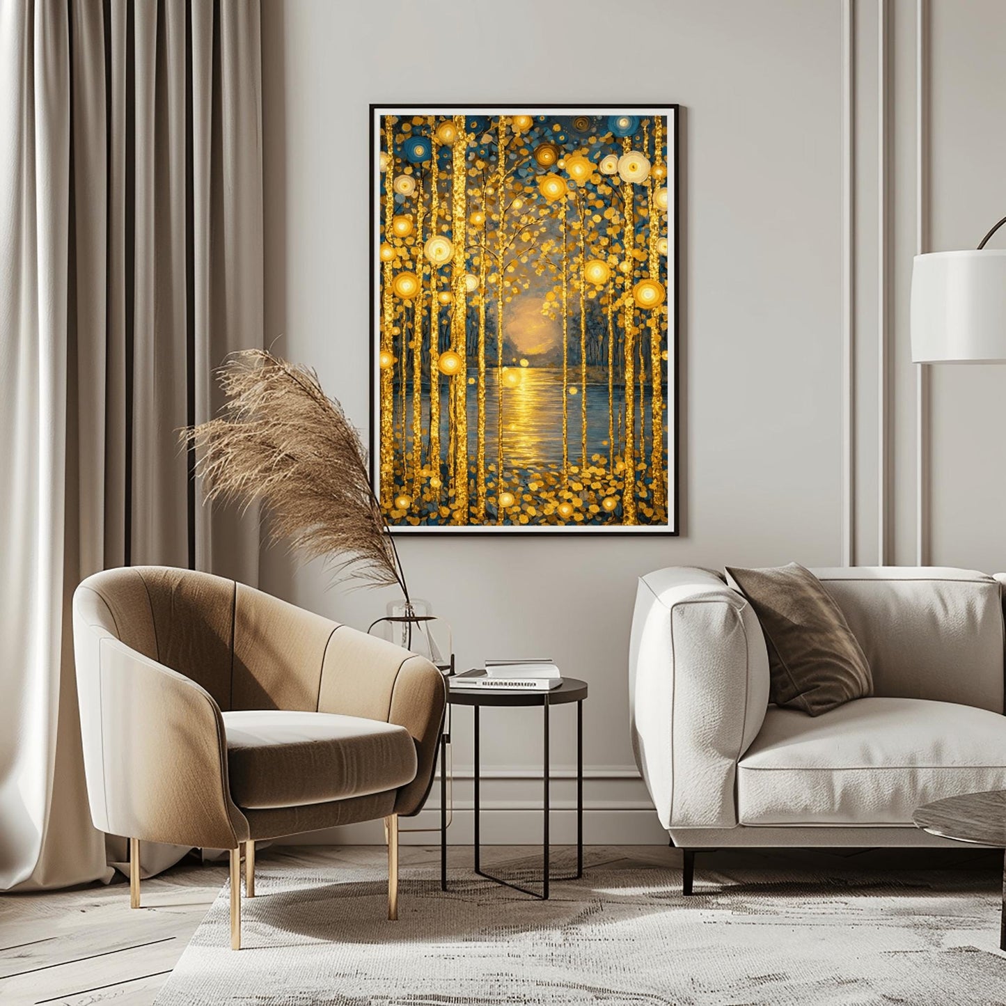 A vertical fine art print in the style of Gustav Klimt. Several slender tree trunks made of sparkling gold leaf stand in the foreground. They are adorned with glowing gold and ivory circular patterns. A calm river in the center reflects a soft, hazy golden sun on the horizon. The background is a soft blue-grey.