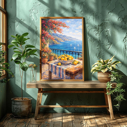 A vertical painterly illustration of a stone terrace with a black iron railing. A pink bougainvillea tree hangs from the top left over a wooden table with a bowl of oranges and lemons. Beyond the railing is a blue sea with white sailboats and a distant mountainous coastline.
