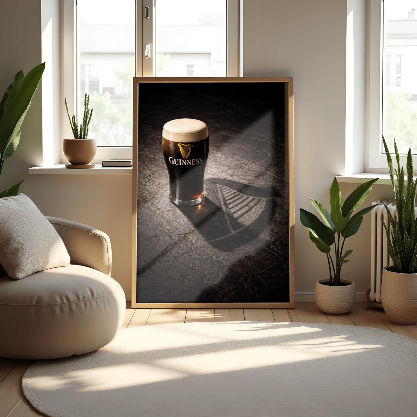 A vertical hyper-realistic photograph of a pint of Guinness on a dark stone surface. A bright light from the side casts a long shadow of the glass that clearly forms the shape of a Celtic harp. The stone is textured and dark, with the glass as the bright focal point.
