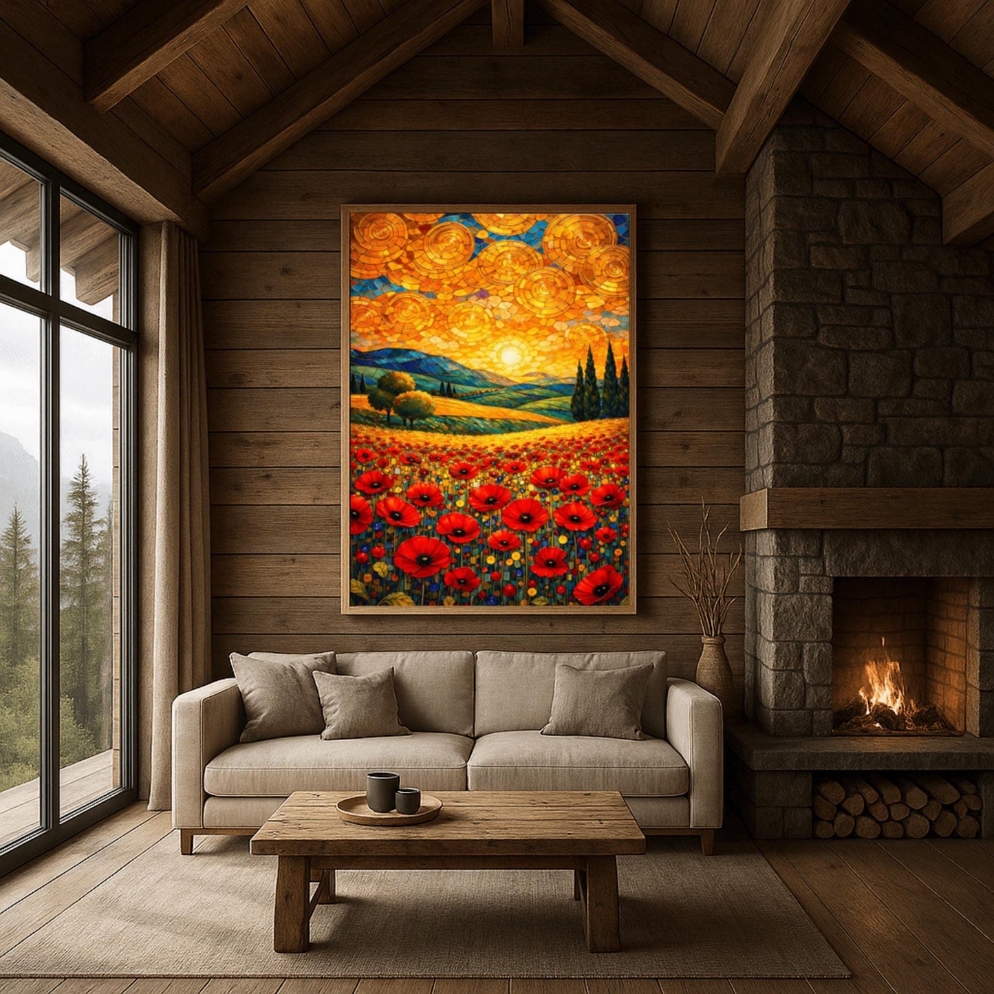 A vertical fine art print in the style of Gustav Klimt. A foreground of vibrant red poppies leads to rolling blue and green hills with cypress trees. The sky is filled with large, shimmering golden spirals and a bright sun, created in a mosaic style.