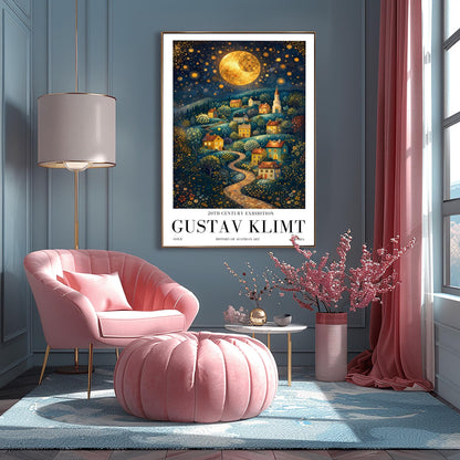 A vertical fine art exhibition poster in the style of Gustav Klimt. A winding cobblestone path leads up a hillside filled with small, colorful houses and a church under a massive golden mosaic moon. The sky is deep blue and filled with golden stars and spirals. Bold black text at the bottom reads "GUSTAV KLIMT" and "HISTORY OF AUSTRIAN ART."