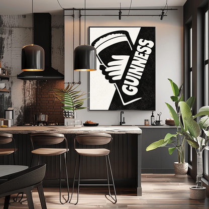 A vertical minimalist graphic divided diagonally into cream and black sections. A white hand holds a pint of Guinness against the black side. The word "GUINNESS" is written vertically in bold white text along the diagonal split.