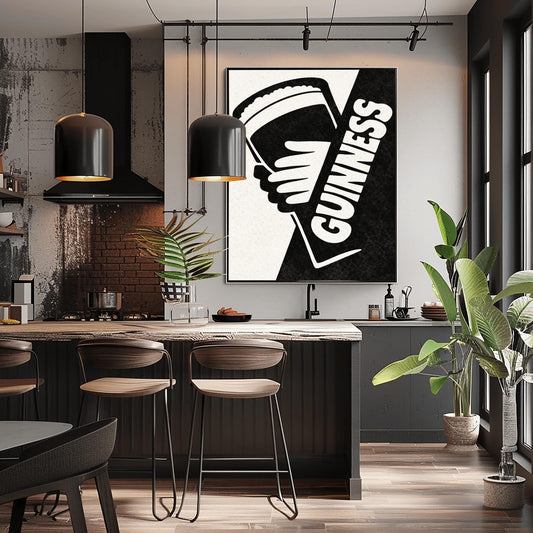 A vertical minimalist graphic divided diagonally into cream and black sections. A white hand holds a pint of Guinness against the black side. The word "GUINNESS" is written vertically in bold white text along the diagonal split.