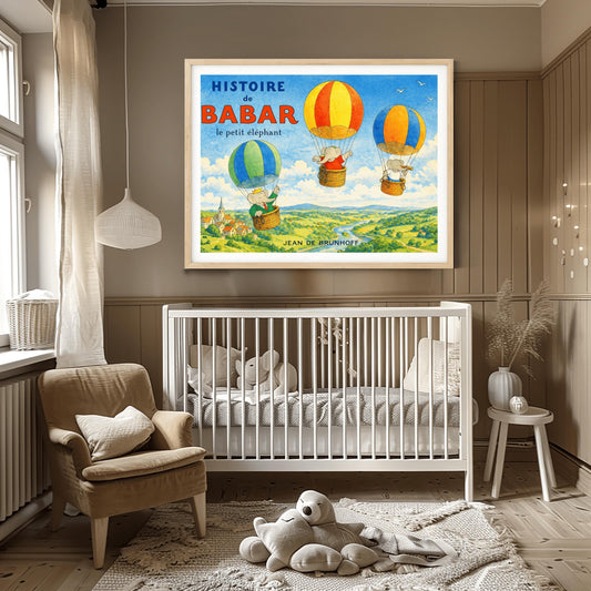 A horizontal watercolor illustration for "Histoire de Babar" showing three elephants in hot air balloons floating over a lush green valley with a river and a small village. On the left, Babar wears a crown and green suit in a blue and green balloon. Two other elephants are in red/orange and blue/yellow balloons. The sky is blue with a few white birds. The title is in large blue and red letters at the top left.