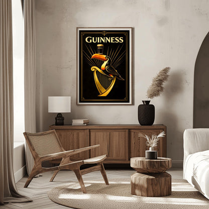 A vertical Art Deco style poster for Guinness. A colorful toucan perches on a large golden harp against a black background. Golden rays of light radiate from behind the toucan, which is balancing a pint of beer on its beak. The word "GUINNESS" is written in large gold letters at the top.