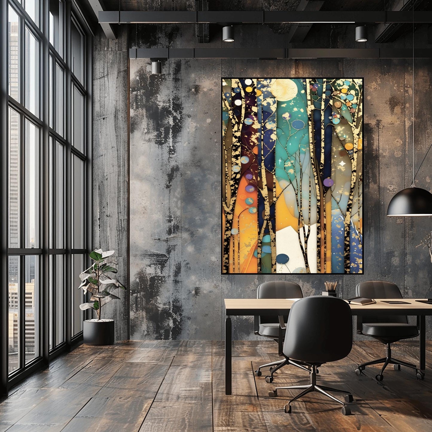 A vertical abstract painting in the style of Gustav Klimt. Tall, slender tree trunks with heavy gold-leaf textures and dark patterns rise vertically across the canvas. The background consists of vertical panels of teal, navy, and amber, resembling stained glass. Small golden orbs and stars are scattered throughout the composition, creating a glowing, celestial atmosphere.