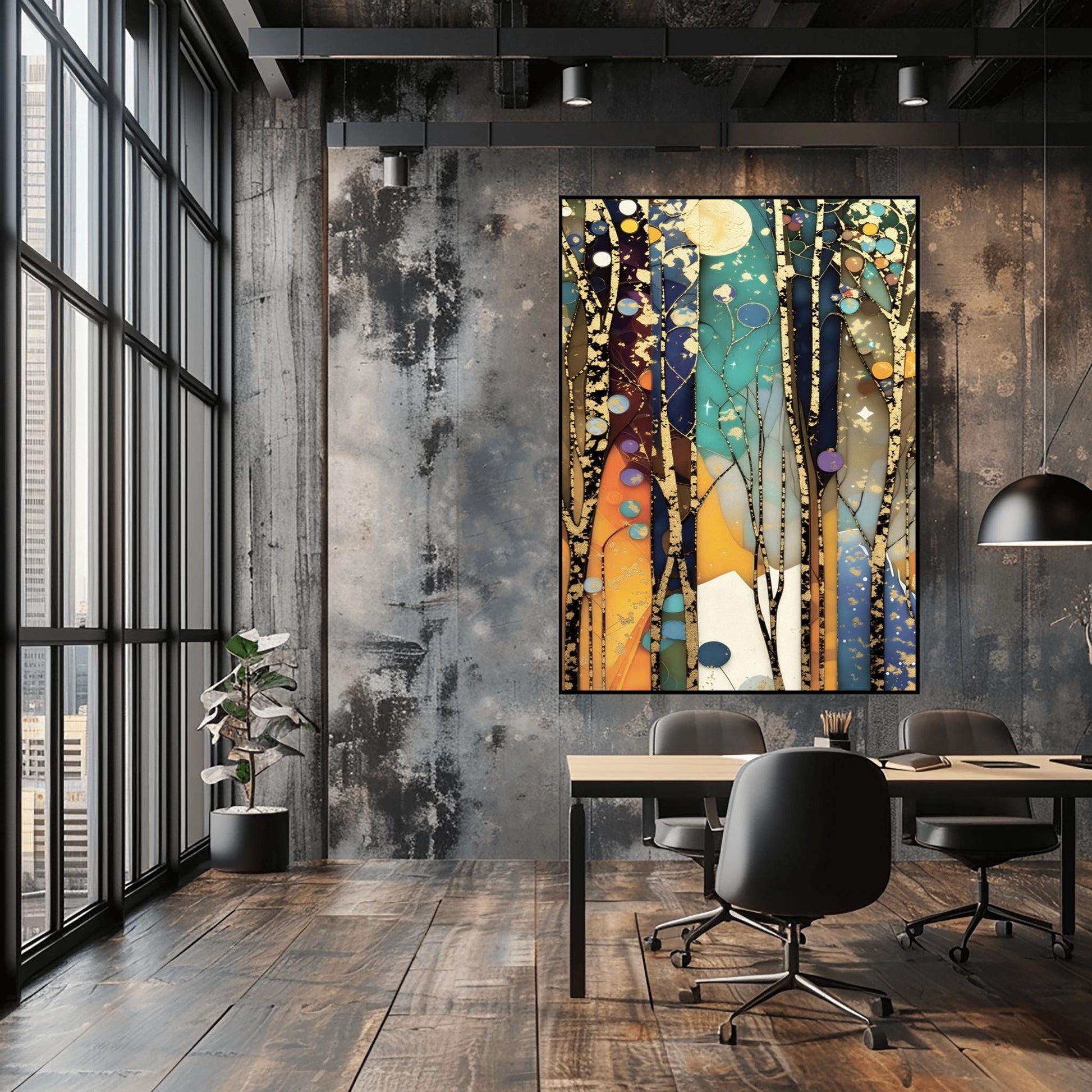 A vertical abstract painting in the style of Gustav Klimt. Tall, slender tree trunks with heavy gold-leaf textures and dark patterns rise vertically across the canvas. The background consists of vertical panels of teal, navy, and amber, resembling stained glass. Small golden orbs and stars are scattered throughout the composition, creating a glowing, celestial atmosphere.