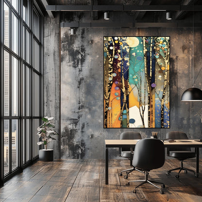 A vertical abstract painting in the style of Gustav Klimt. Tall, slender tree trunks with heavy gold-leaf textures and dark patterns rise vertically across the canvas. The background consists of vertical panels of teal, navy, and amber, resembling stained glass. Small golden orbs and stars are scattered throughout the composition, creating a glowing, celestial atmosphere.