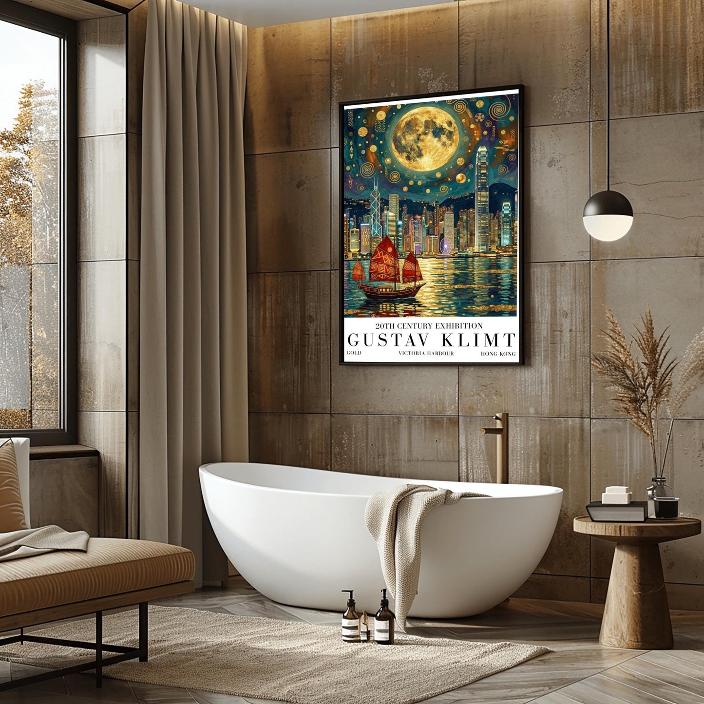 A vertical museum exhibition poster in the style of Gustav Klimt. A traditional red junk boat with golden patterns sails in front of the Hong Kong skyline at night. A massive golden moon with mosaic patterns fills the top of the sky. Bold black text at the bottom reads "GUSTAV KLIMT" and "VICTORIA HARBOUR."