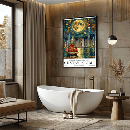 A vertical museum exhibition poster in the style of Gustav Klimt. A traditional red junk boat with golden patterns sails in front of the Hong Kong skyline at night. A massive golden moon with mosaic patterns fills the top of the sky. Bold black text at the bottom reads "GUSTAV KLIMT" and "VICTORIA HARBOUR."