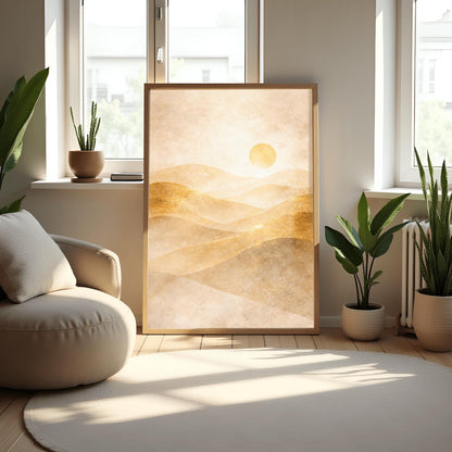 A vertical minimalist landscape in Art Nouveau style. Rolling desert dunes in shades of beige and tan are highlighted with shimmering golden dust on their ridges. A circular golden sun hangs in a hazy, textured cream sky.