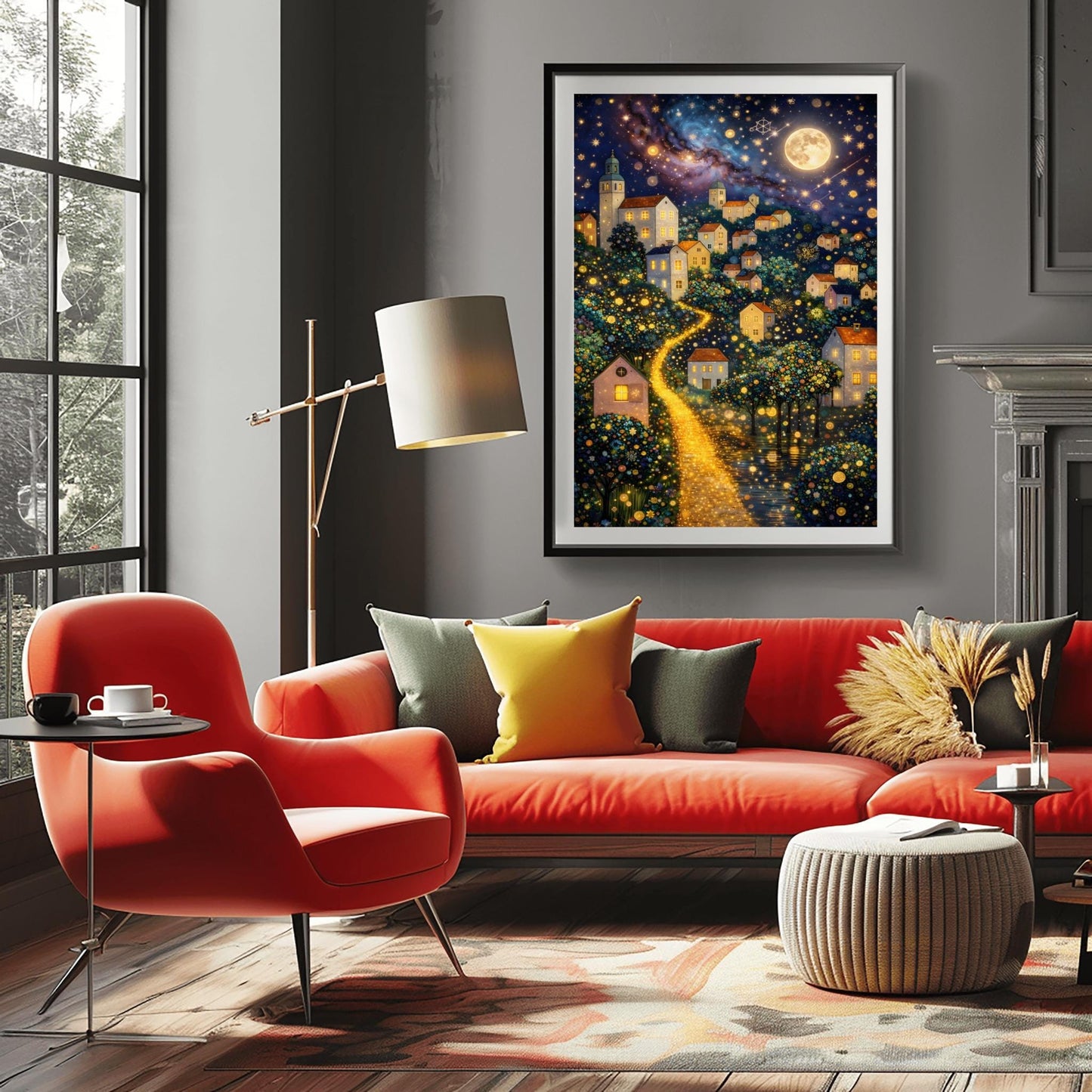 A vertical fine art painting in the style of Gustav Klimt. A hillside village with white houses and orange roofs is illuminated by a large, textured golden moon and a swirling starlit sky. A bright, glowing golden path winds through the village houses and mosaic-patterned trees. At the bottom, a dark sea reflects the shimmering lights. The style is highly decorative with gold leaf textures.