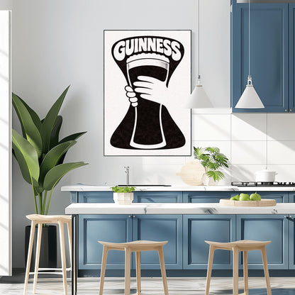 A vertical minimalist graphic in black and white. A large, black hourglass-shaped background features a white hand silhouette holding a pint glass made of negative space. The word "GUINNESS" is arched in bold white text at the top.