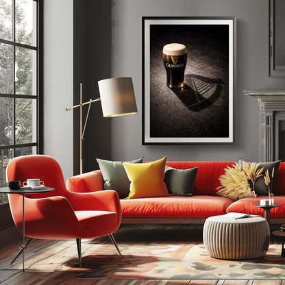 A vertical hyper-realistic photograph of a pint of Guinness on a dark stone surface. A bright light from the side casts a long shadow of the glass that clearly forms the shape of a Celtic harp. The stone is textured and dark, with the glass as the bright focal point.