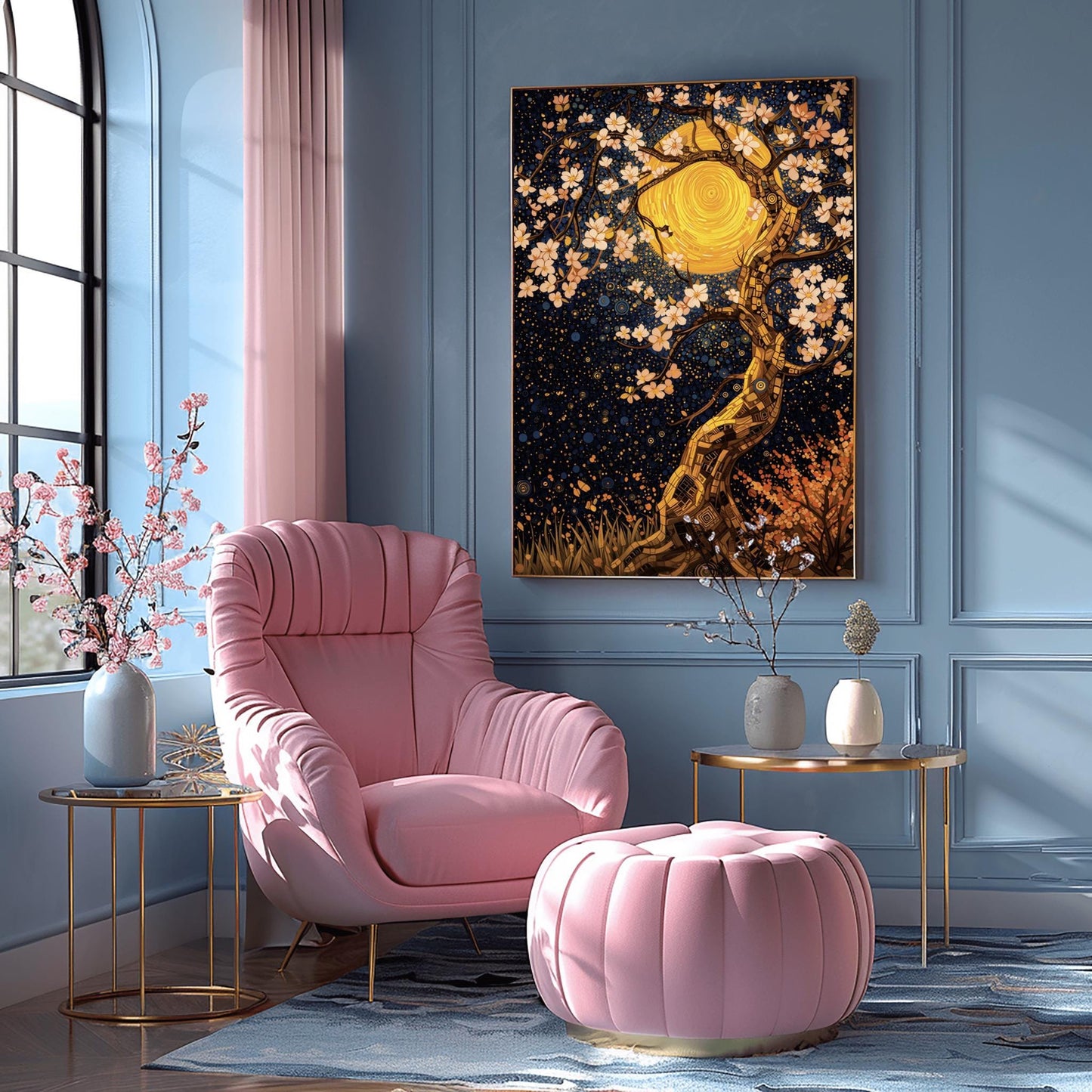 A vertical fine art print in the style of Gustav Klimt. A twisting tree trunk made of gold and bronze mosaic tiles features delicate white blossoms. A massive, swirling golden moon sits behind the branches against a dark navy sky filled with star patterns and blue circles.