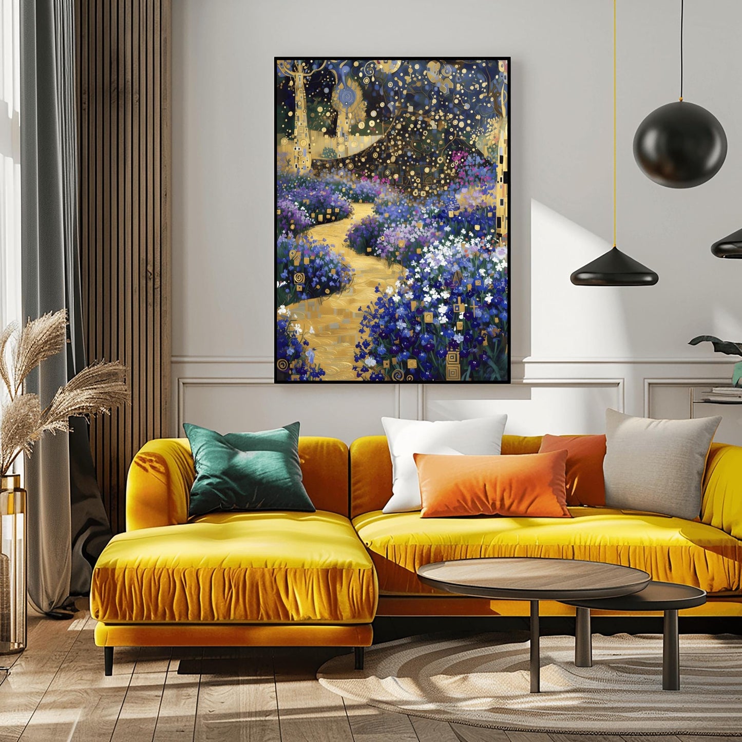A vertical fine art print in the style of Gustav Klimt. A winding, textured golden path leads through a garden of blue and purple flowers. Stylized trees with golden mosaic patterns on their trunks stand on the sides under a dark blue sky filled with golden circles and star-like shapes.