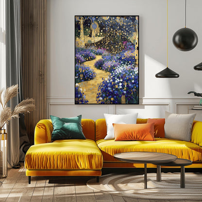 A vertical fine art print in the style of Gustav Klimt. A winding, textured golden path leads through a garden of blue and purple flowers. Stylized trees with golden mosaic patterns on their trunks stand on the sides under a dark blue sky filled with golden circles and star-like shapes.
