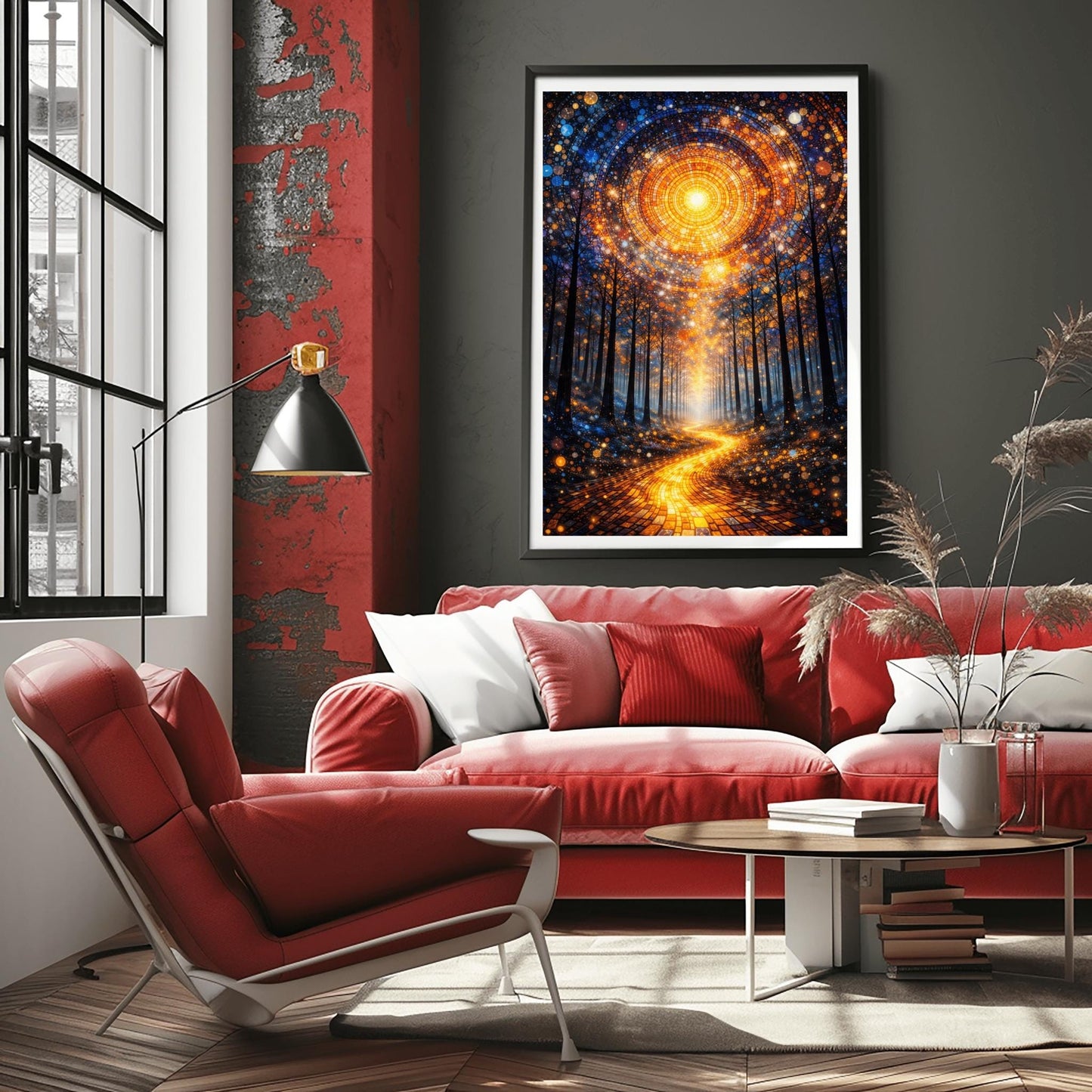 A vertical, highly detailed Art Nouveau illustration featuring a winding golden mosaic path leading through a dark forest toward a bright light. Above, a massive circular portal in the sky is made of intricate mosaic tiles in gold and blue. The scene is filled with shimmering golden stardust.