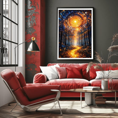A vertical, highly detailed Art Nouveau illustration featuring a winding golden mosaic path leading through a dark forest toward a bright light. Above, a massive circular portal in the sky is made of intricate mosaic tiles in gold and blue. The scene is filled with shimmering golden stardust.