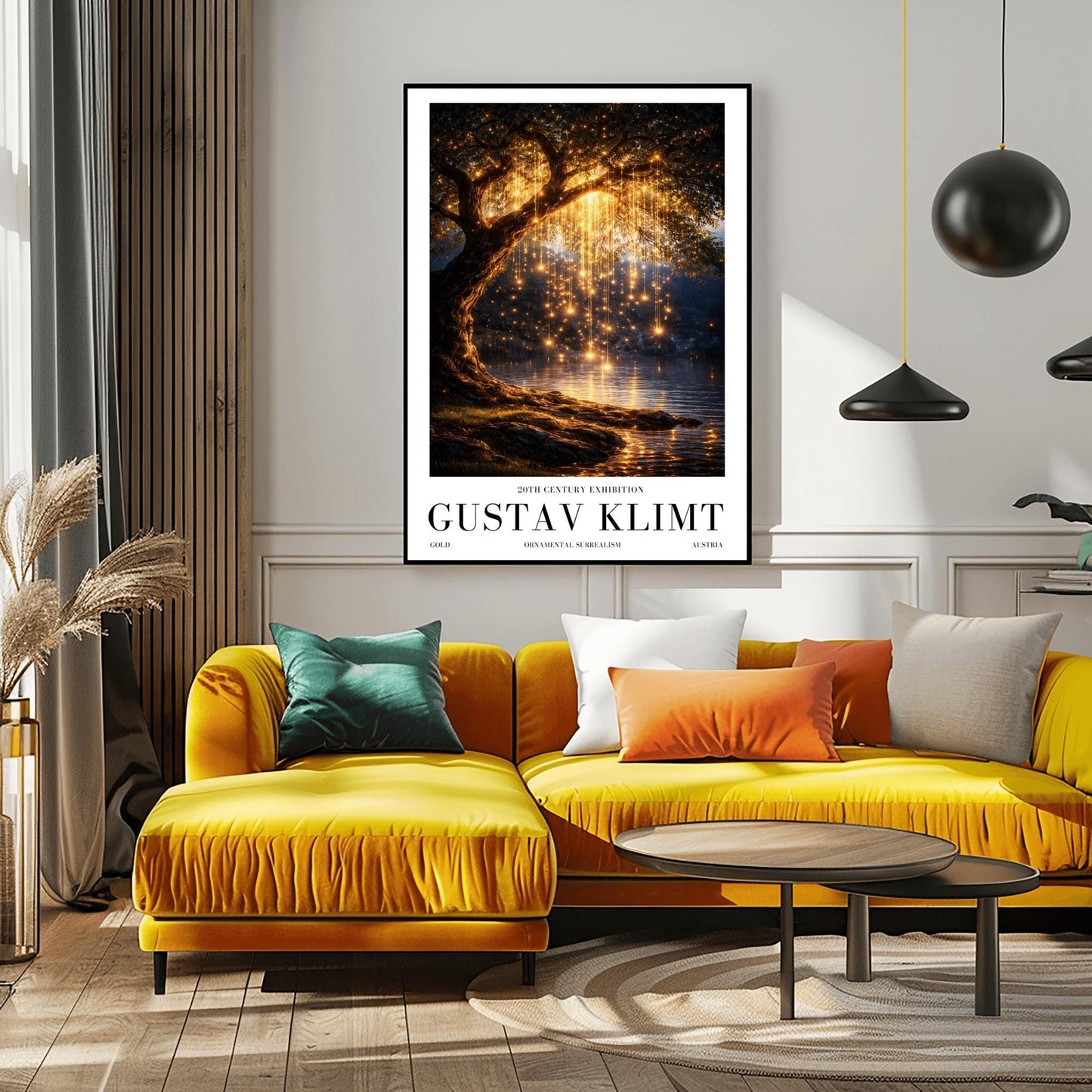 A vertical full-bleed illustration of a weeping willow tree at night in the style of Gustav Klimt. The branches hang down like strings of golden lights over a dark lake. The water reflects the golden glow, and the tree stands on a mossy bank against a dark forest background.