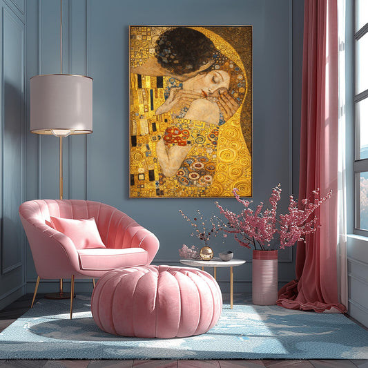 A vertical fine art print in the style of Gustav Klimt's "The Kiss." An embracing couple is centered, their bodies merged under a single, ornate golden cloak filled with geometric patterns like black and white rectangles and colorful spirals. The woman’s face is turned upward with eyes closed in a peaceful expression. The background is a shimmering, textured gold field, creating a radiant and romantic Art Nouveau atmosphere.