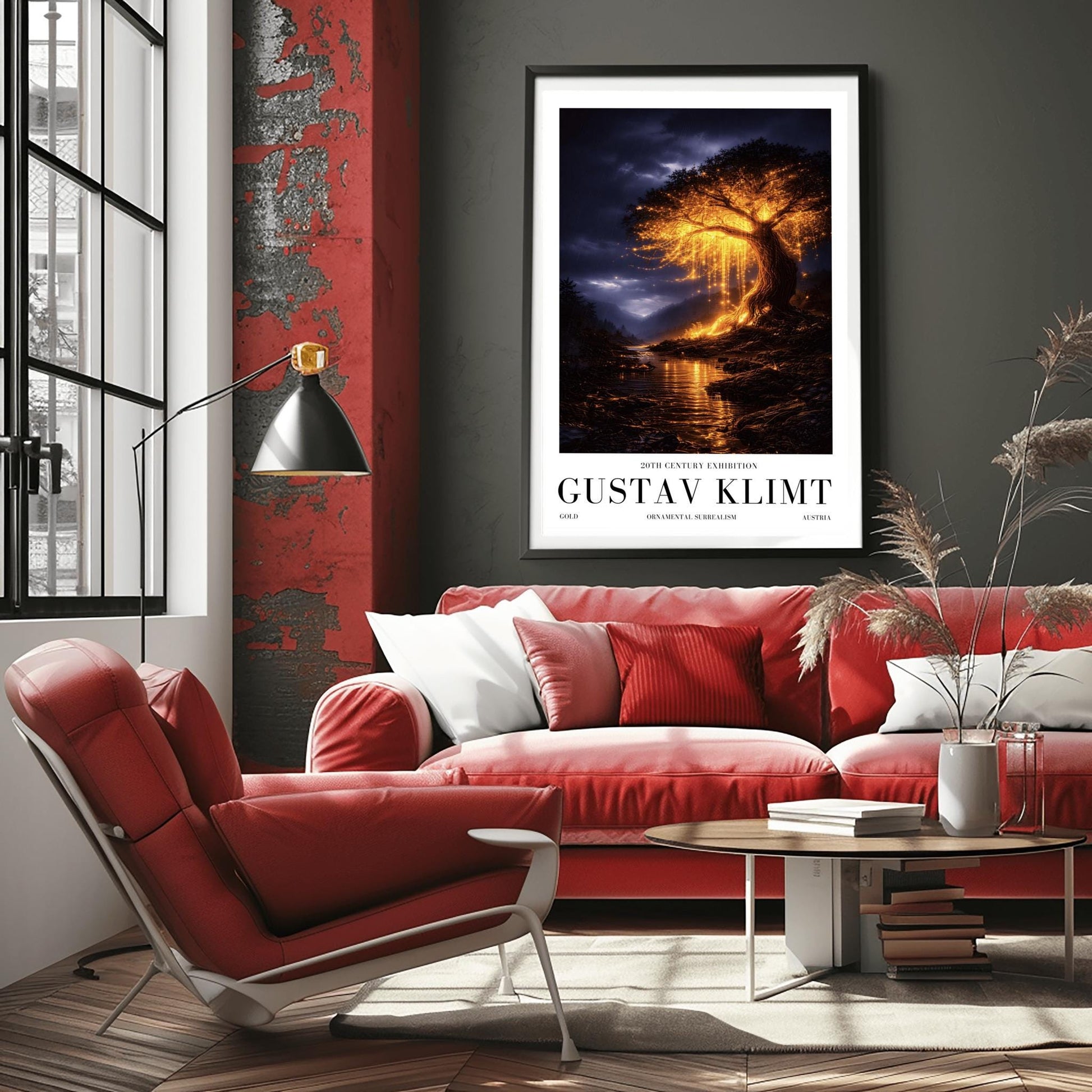 A vertical full-bleed illustration of a large weeping willow tree glowing with golden light in a stormy mountain valley. The tree stands by a dark river reflecting its gold light. The background features dark, rainy mountains and a moody indigo sky in the style of Gustav Klimt.