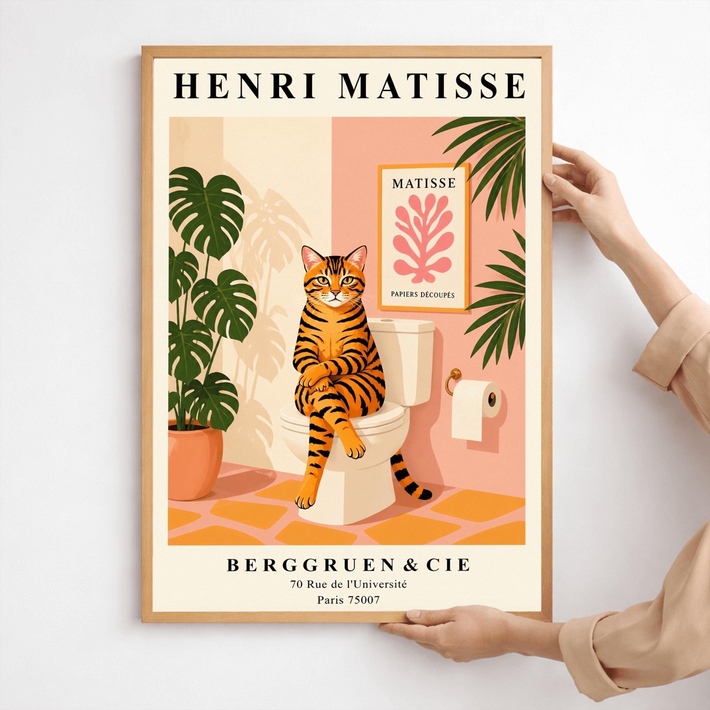 Tabby Cat on Toilet Art Print: Funny Matisse Style Bathroom Wall Art