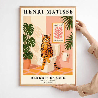Tabby Cat on Toilet Art Print: Funny Matisse Style Bathroom Wall Art