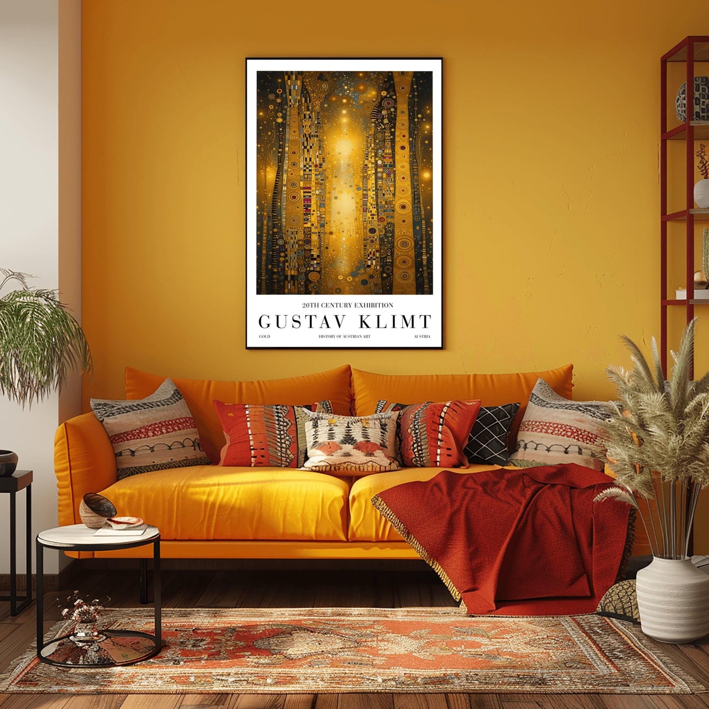 A vertical abstract painting in the style of Gustav Klimt. Several tall, narrow pillars filled with gold leaf textures and geometric patterns (circles, spirals, and squares) rise against a dark background filled with golden stardust. A central column of bright, shimmering light anchors the composition. The colors include brilliant gold, ochre, black, and touches of deep red and blue.