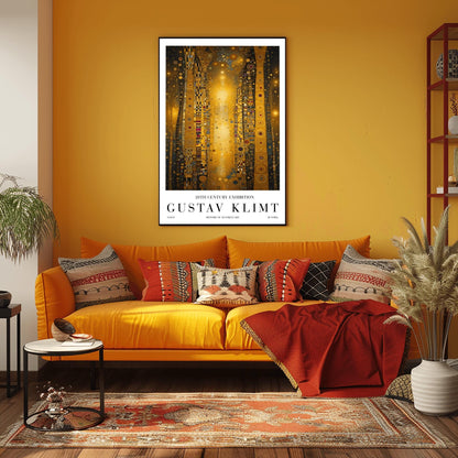 A vertical abstract painting in the style of Gustav Klimt. Several tall, narrow pillars filled with gold leaf textures and geometric patterns (circles, spirals, and squares) rise against a dark background filled with golden stardust. A central column of bright, shimmering light anchors the composition. The colors include brilliant gold, ochre, black, and touches of deep red and blue.
