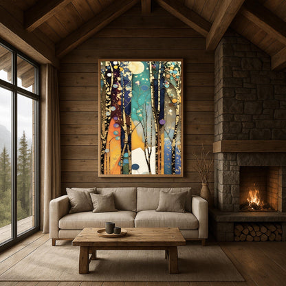 A vertical abstract painting in the style of Gustav Klimt. Tall, slender tree trunks with heavy gold-leaf textures and dark patterns rise vertically across the canvas. The background consists of vertical panels of teal, navy, and amber, resembling stained glass. Small golden orbs and stars are scattered throughout the composition, creating a glowing, celestial atmosphere.