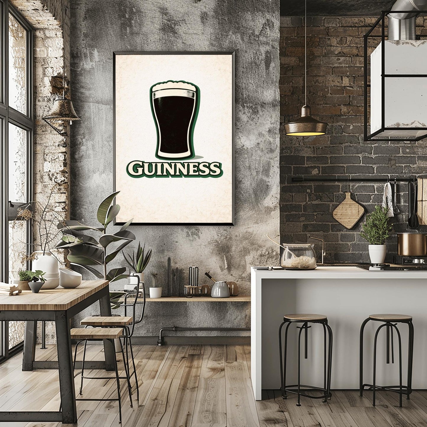 A vertical minimalist graphic of a pint of Guinness on a light cream-textured background. The black pint has a thick white foam head and a green drop shadow. Below the glass, the word "GUINNESS" is written in cream text with a green border.