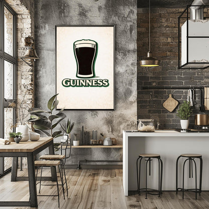 A vertical minimalist graphic of a pint of Guinness on a light cream-textured background. The black pint has a thick white foam head and a green drop shadow. Below the glass, the word "GUINNESS" is written in cream text with a green border.