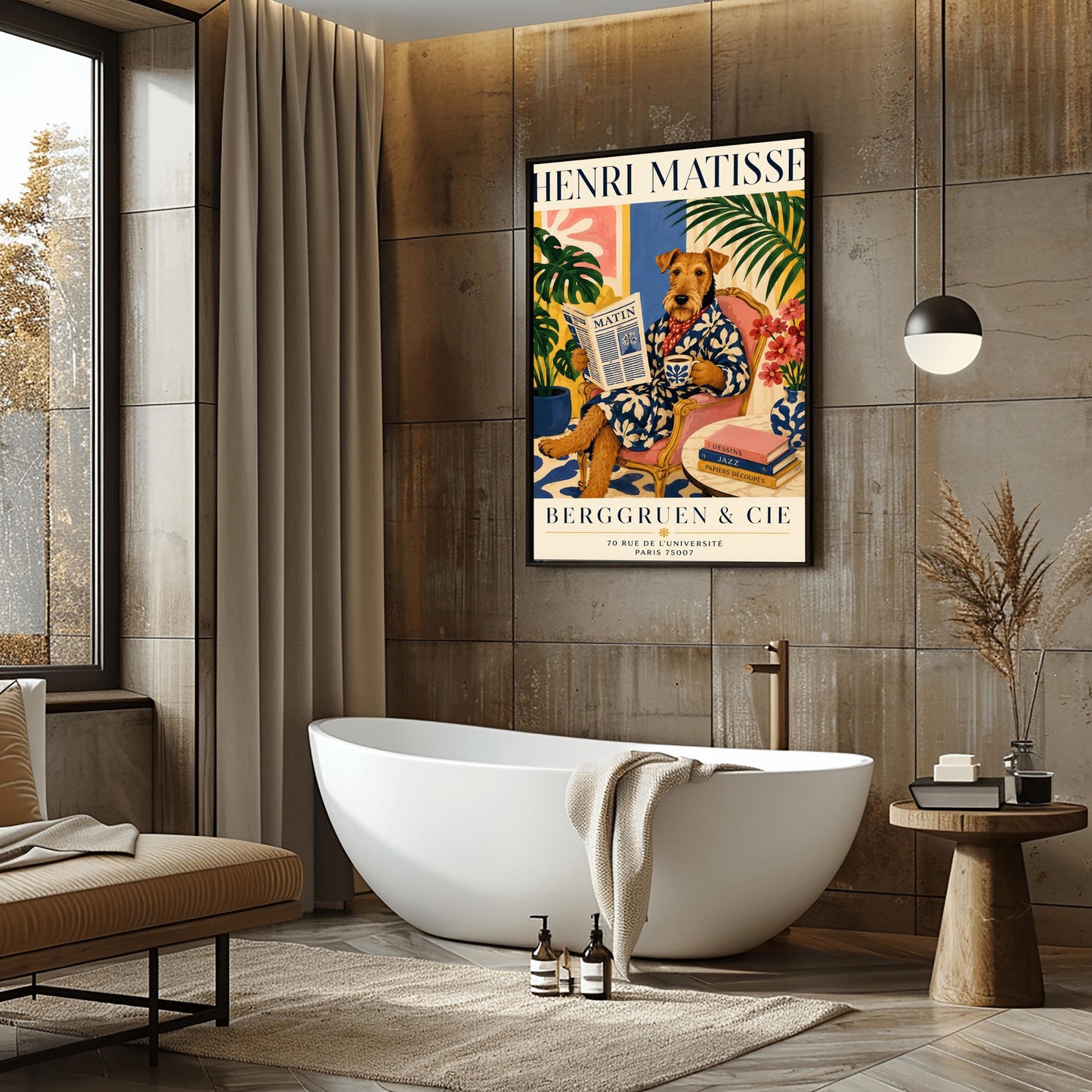 A vertical gallery exhibition poster with bold navy text reading "HENRI MATISSE" at the top and "BERGGRUEN & CIE" at the bottom. The illustration shows a brown scruffy terrier dog sitting like a human in a pink armchair with wooden frame, crossing its legs. The dog wears a navy blue robe with a white leaf pattern and a red and white polka dot scarf. It holds a coffee mug in one paw and a newspaper titled "MATIN" in the other.