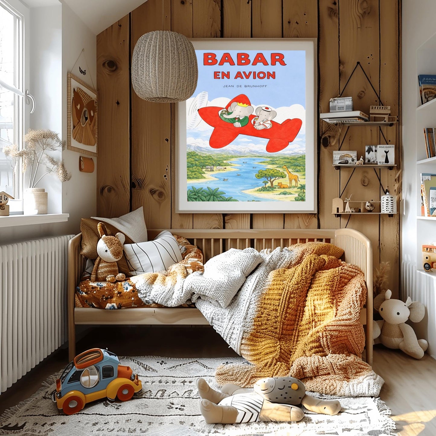 A vertical children's illustration poster titled "BABAR EN AVION" in large red letters. At the center is a bright red propeller plane flying through a blue sky with white clouds. King Babar, in a green suit and crown, and Queen Celeste, in a white sailor-style hat, are sitting in the cockpits. Below them is a winding blue river and a green savanna with a giraffe, a lion, a hippopotamus, and palm trees. The name "Jean de Brunhoff" is at the top.