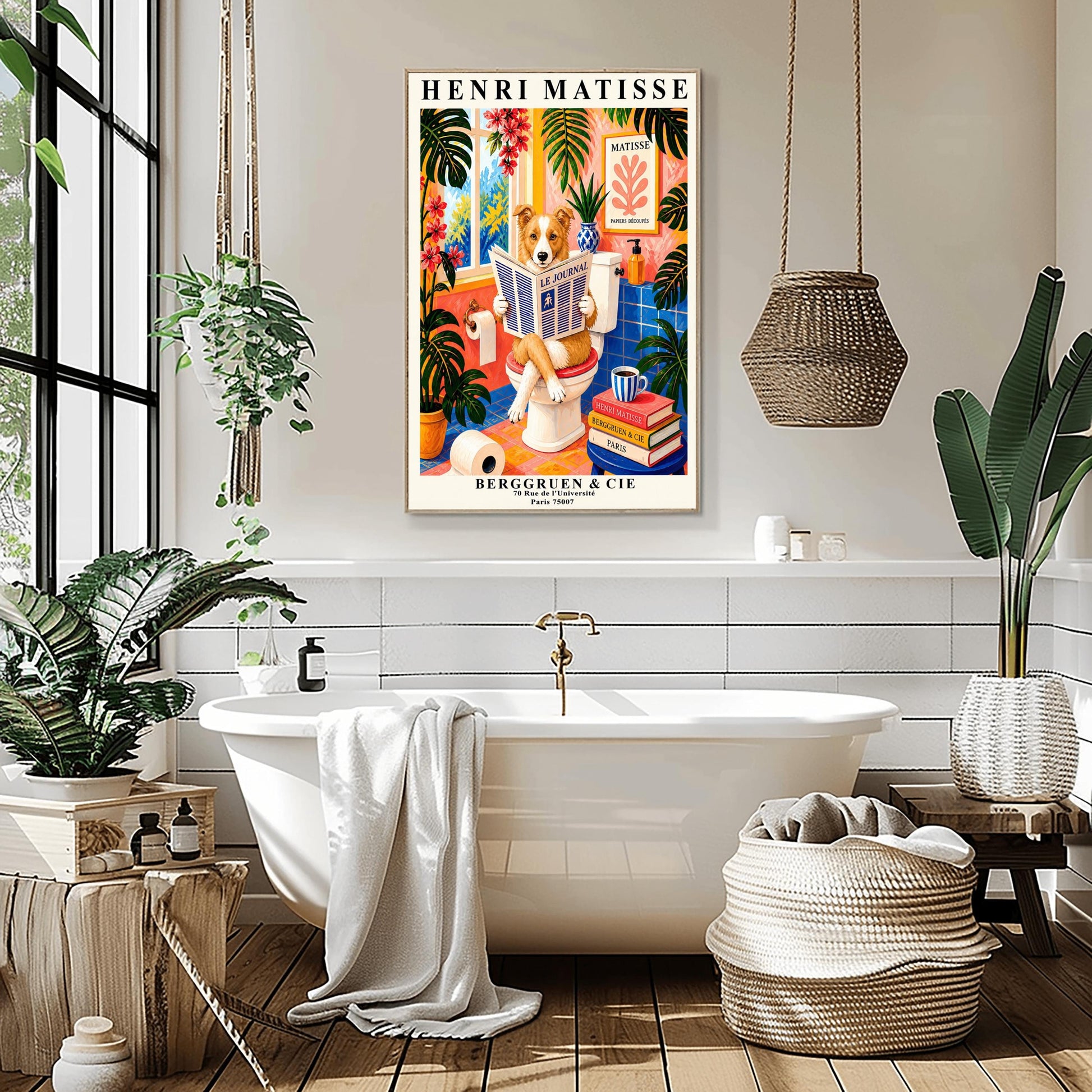 A vertical retro French exhibition poster styled after Henri Matisse with a wide ivory border. The central image shows a vibrant, colorful bathroom illustration. A fluffy ginger-and-white border collie dog sits on a white toilet, holding and reading a newspaper titled "LE JOURNAL". The bathroom features cobalt blue floor and wall tiles, bright pink walls, and large green monstera plants.