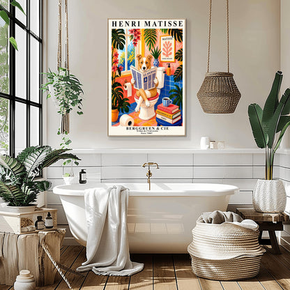 A vertical retro French exhibition poster styled after Henri Matisse with a wide ivory border. The central image shows a vibrant, colorful bathroom illustration. A fluffy ginger-and-white border collie dog sits on a white toilet, holding and reading a newspaper titled "LE JOURNAL". The bathroom features cobalt blue floor and wall tiles, bright pink walls, and large green monstera plants.