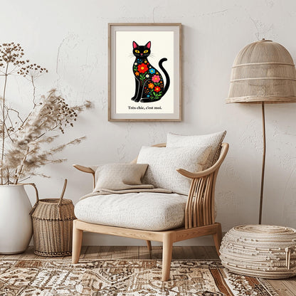 A vertical minimalist art print of a sleek black cat sitting upright, facing forward. The cat's body is filled with colorful folk-art style flowers in red, blue, orange, and yellow with green leaves. The cat has large yellow eyes and a small pink nose. Below the cat, the French phrase "Très chic, c'est moi." is written in a black serif font. The entire image is set against a textured off-white background.