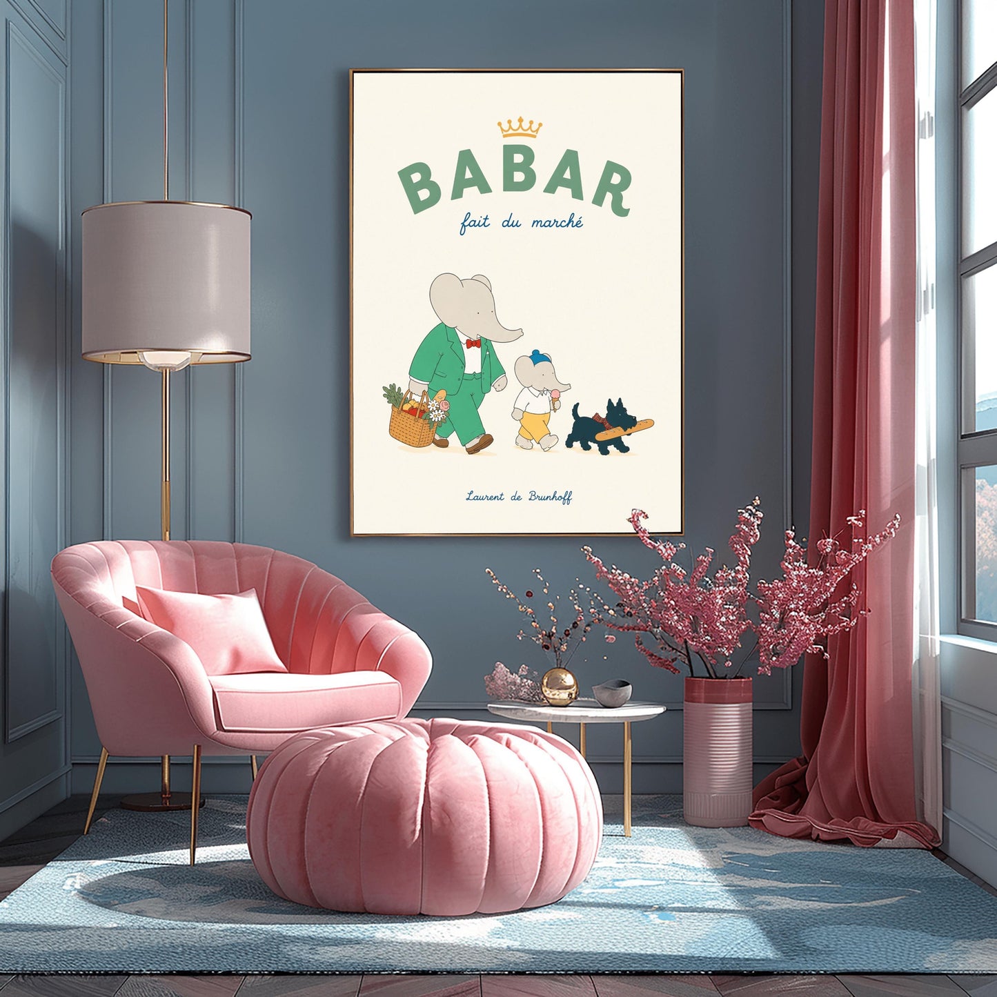 A vertical storybook-style art print of Babar the Elephant walking home from a market against a cream background. Babar is in a green suit and red bow tie, carrying a basket of fruit and flowers. Beside him is a smaller elephant eating an ice cream cone and a small black dog in a plaid collar carrying a baguette. The top text reads "BABAR fait du marché" with a gold crown.