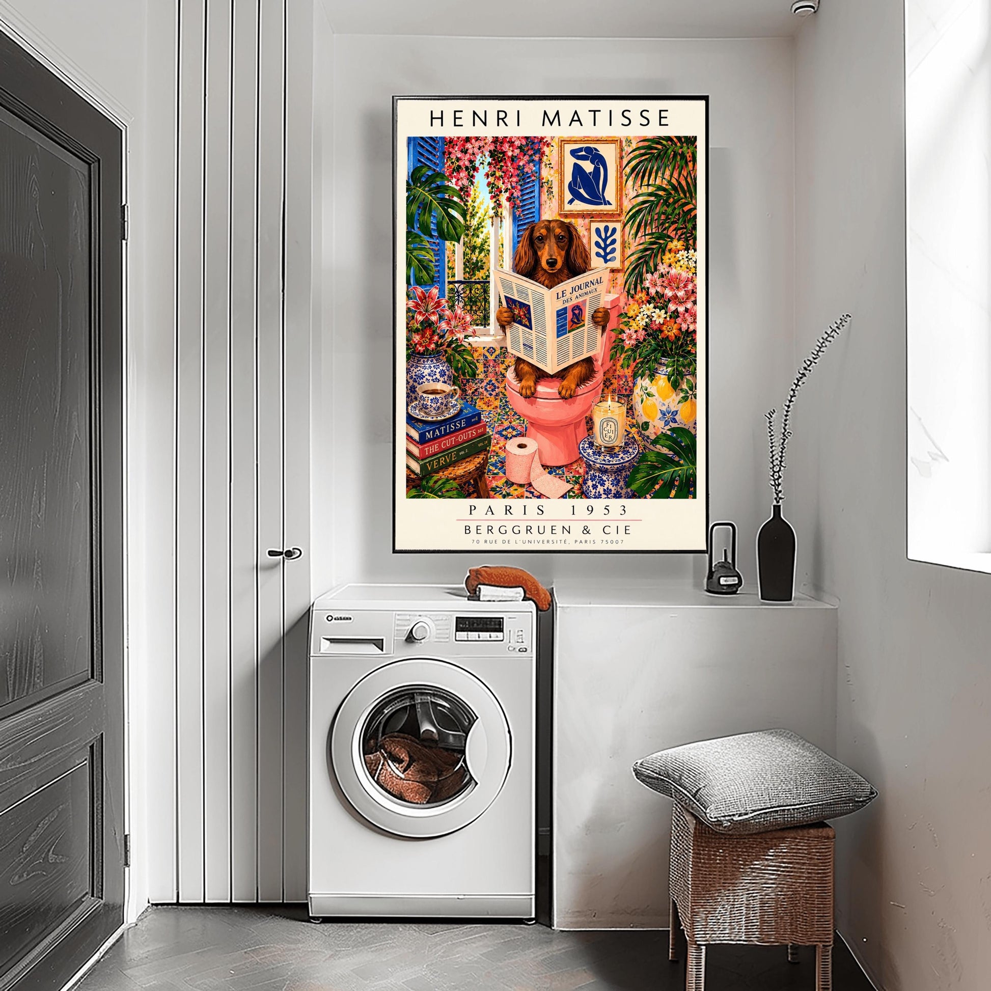 A vertical vintage-style art exhibition poster titled "HENRI MATISSE" at the top and "PARIS 1953 BERGGRUEN & CIE" at the bottom. The main image features a long-haired brown Dachshund dog sitting on a pink toilet inside an incredibly ornate bathroom, reading a newspaper titled "LE JOURNAL DES ANIMAUX". The background is a dense, colorful display of patterned wall tiles, framed Matisse paper cutouts, large green tropical houseplants, and vases full of pink lilies and flowers.
