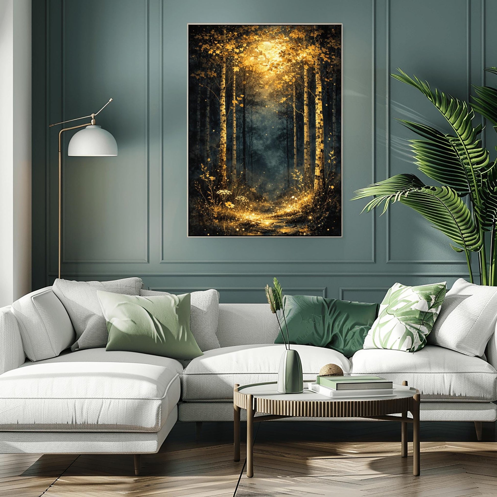 A vertical Art Nouveau illustration of a forest path at night or twilight. Golden birch trees with detailed bark frame a trail that leads into a misty forest. The path and foreground flowers are illuminated by a radiant golden light from above, filled with shimmering stardust.
