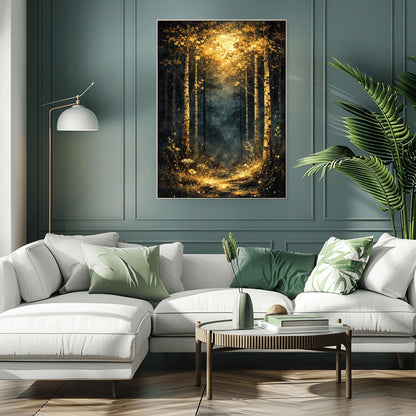 A vertical Art Nouveau illustration of a forest path at night or twilight. Golden birch trees with detailed bark frame a trail that leads into a misty forest. The path and foreground flowers are illuminated by a radiant golden light from above, filled with shimmering stardust.