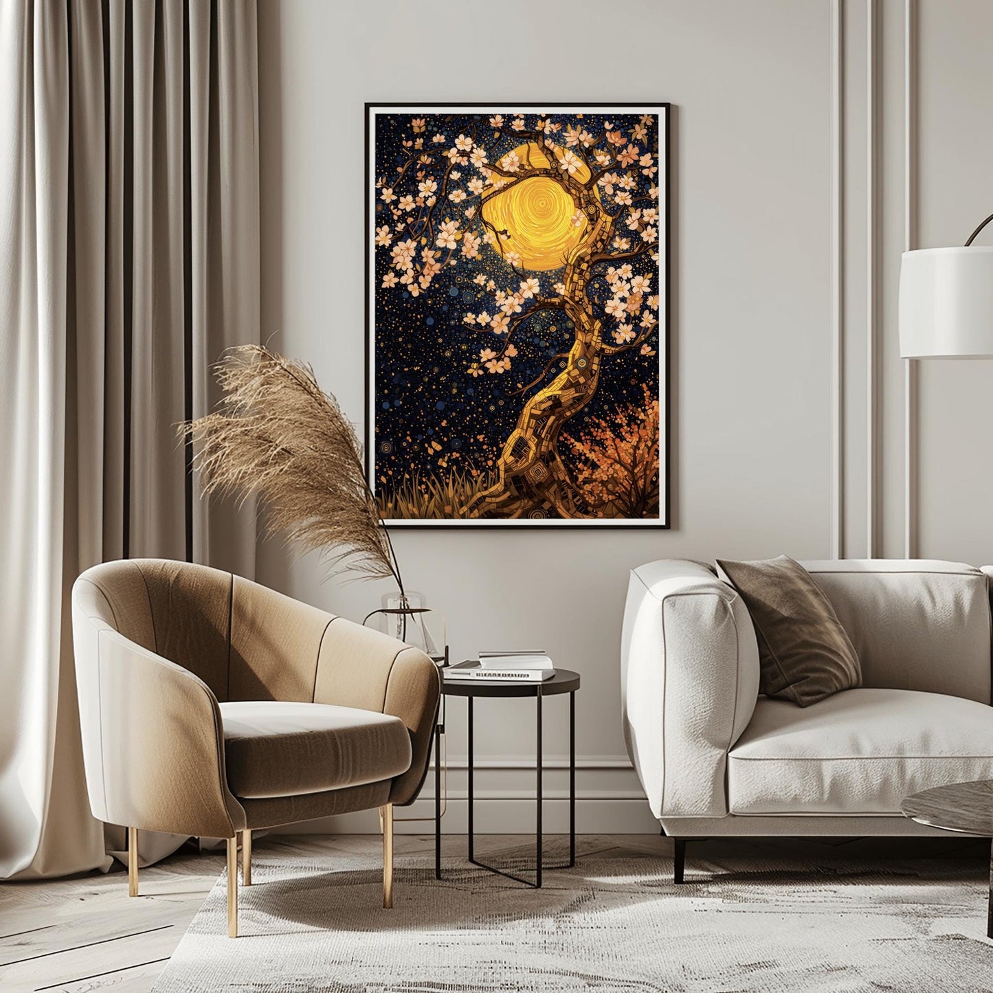 A vertical fine art print in the style of Gustav Klimt. A twisting tree trunk made of gold and bronze mosaic tiles features delicate white blossoms. A massive, swirling golden moon sits behind the branches against a dark navy sky filled with star patterns and blue circles.