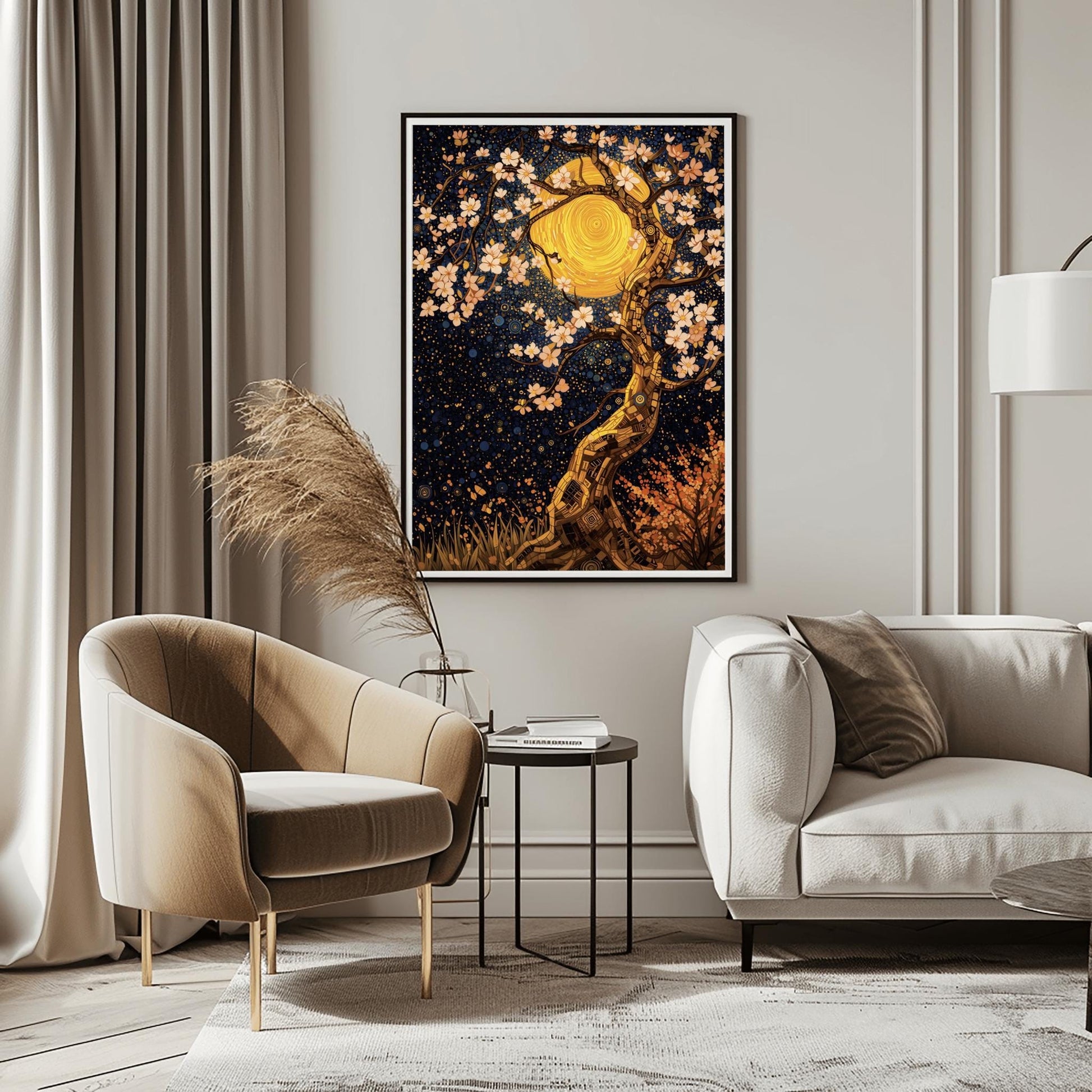 A vertical fine art print in the style of Gustav Klimt. A twisting tree trunk made of gold and bronze mosaic tiles features delicate white blossoms. A massive, swirling golden moon sits behind the branches against a dark navy sky filled with star patterns and blue circles.