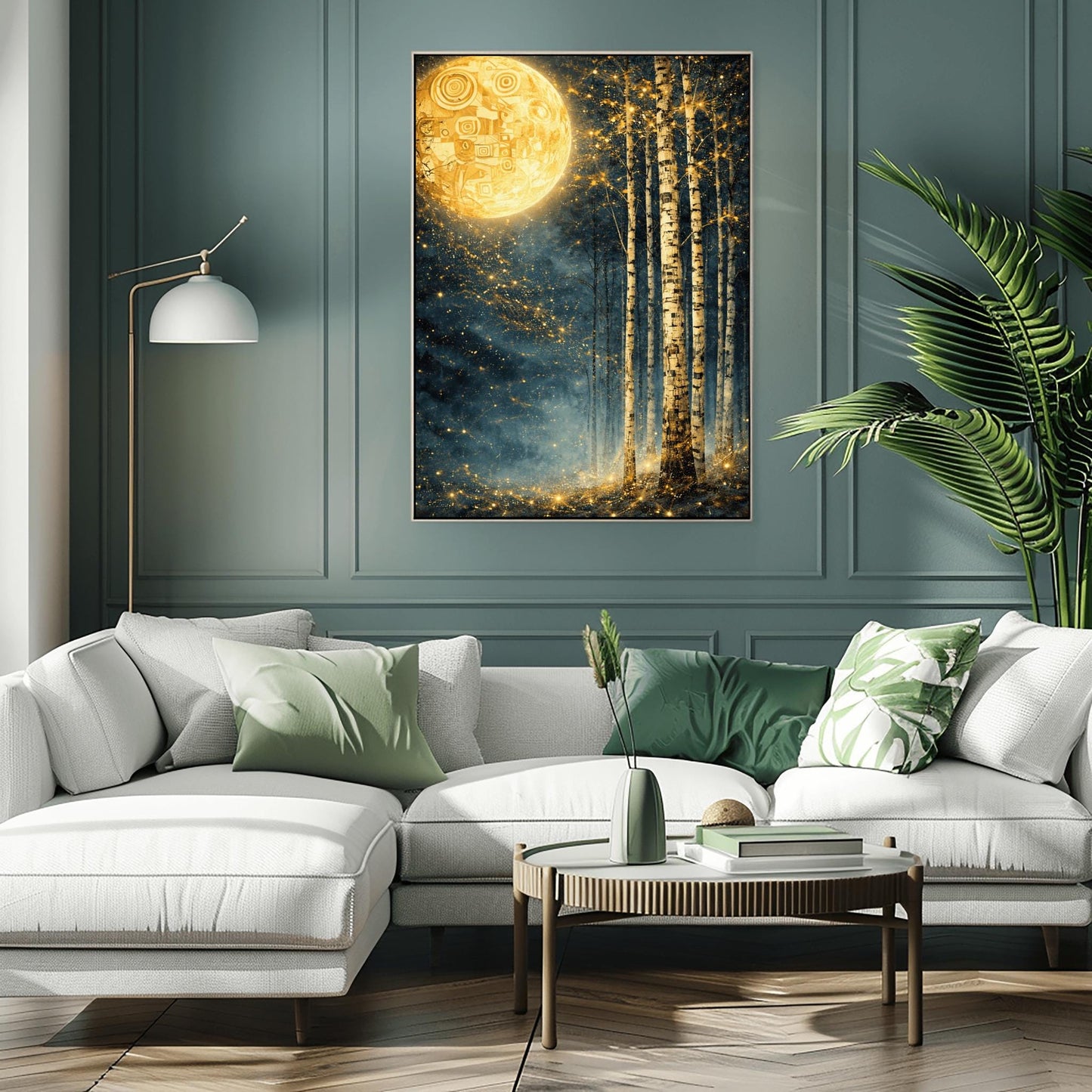 A vertical Art Nouveau illustration in the style of Gustav Klimt. A large, patterned golden moon sits in the upper left corner of a dark, misty teal forest. Slender birch trees stand on the right, while a swirl of golden stardust flows across the center.